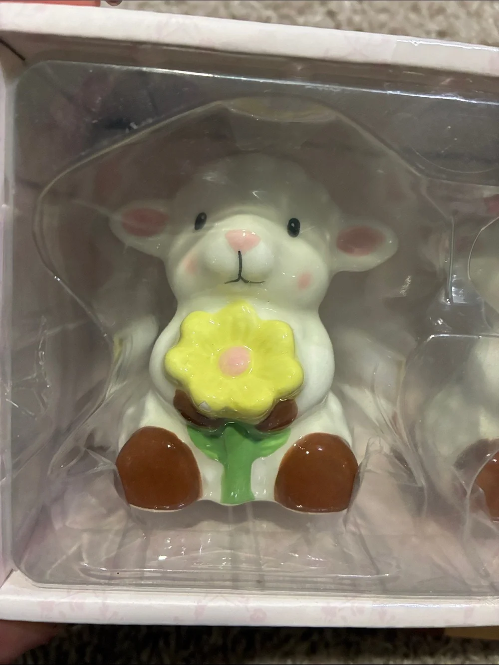 Cute White Lamb Figurine Set with Pink and Yellow Flowers